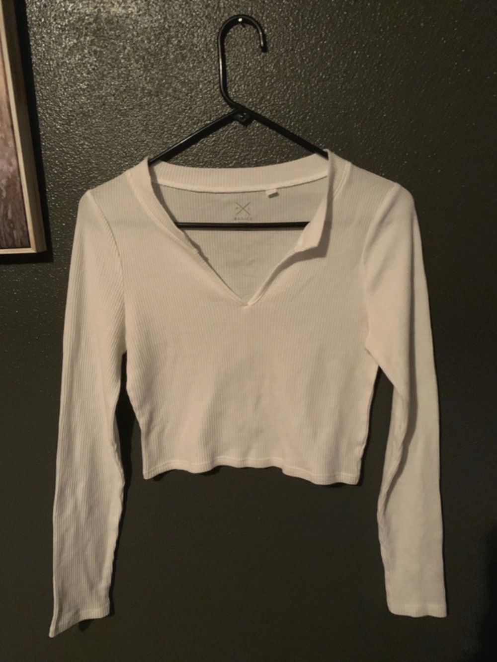 Basic White Ribbed V-Neck Cropped Long Sleeve Top